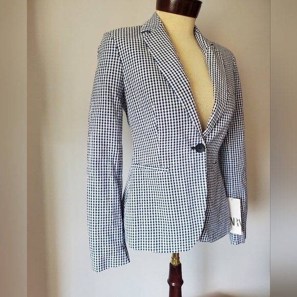 ZARA NWT blue and white checked blazer size  2 - Picture 2 of 7